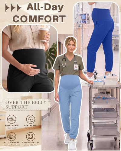 Locoowai 3 Pack Women's Maternity Jogger Scrub Pants with Pocket - color: Black, Sapphire Blue, Light Blue, size: Medium