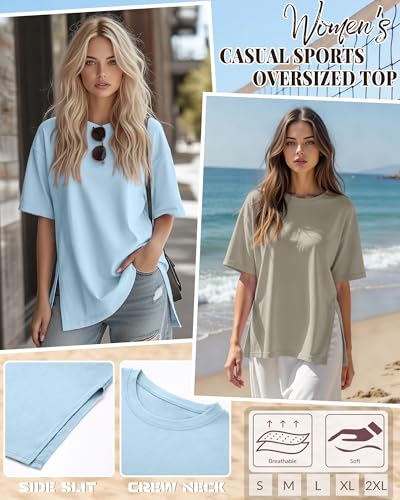 Huukeay 3 Pack Women's Oversized T Shirts Workout Tops - color: Bean Paste Pink, Khaki, Light Blue, size: Small
