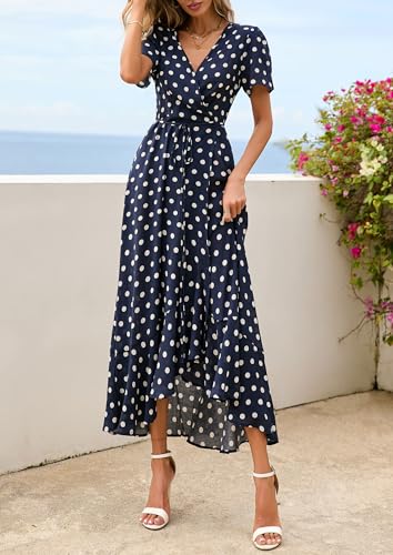 PRETTYGARDEN Women's Boho Floral Summer Maxi Dresses - color: Dot Navy White, size: Large