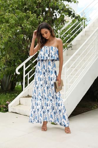 ZMPSIISA Womens Summer Off Shoulder Maxi Dress Strapless Boho Long Dresses - color: A-light Blue Flower, size: Medium
