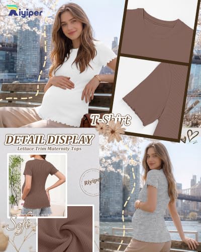 Riyiper 4 Pack Maternity Ribbed Knit Shirts for - color: Brown, White, Light Gray, Black, size: Medium