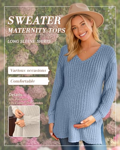 3 Pack Women Ribbed Maternity Sweaters Winter Clothes - color: Blue, Apricot, Black, size: Medium
