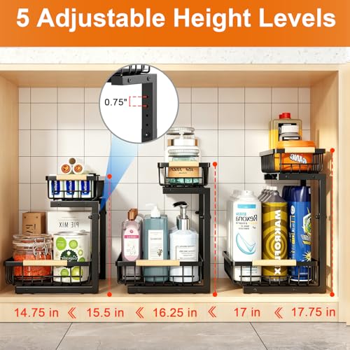 REALINN Under Sink Organizer, Adjustable 2 Tier Pull Out Kitchen Bathroom - color: Black, size: 1 Pack