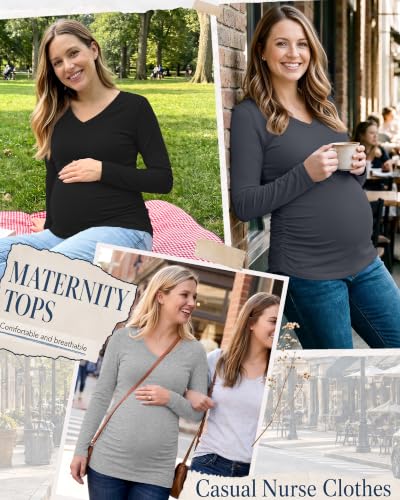 3 Pack Women Maternity Shirts Scrub Tops Side Ruched - color: Black, Dark Gray, Light Heather Gray, size: X-Large