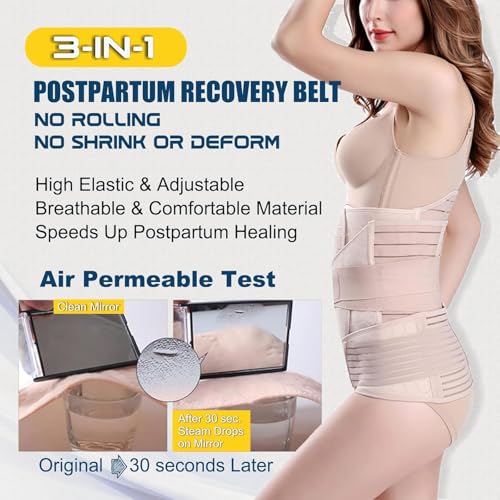 ChongErfei 3 in 1 Postpartum Belly Wrap Recovery Band Belt Abdominal Binder - color: Beige, size: Large