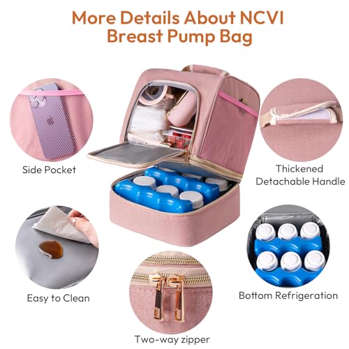 NCVI Breast Pump Backpack, Double Layer Removable, for Spectra/Medela - color: Baby pink