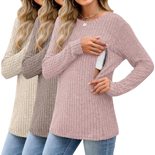 3 Pack Maternity Nursing Ribbed Long Sleeve Tops - color: Apricot, Coffee, Pink, size: Medium