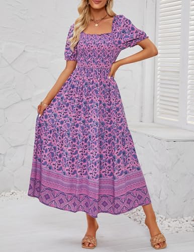 ZESICA Womens 2026 Summer Boho Floral Ruffle Maxi Dress - color: Purple, size: Medium