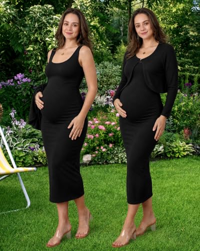 2 Piece Baby Shower Maternity Dress & Cardigan Set for Women - color: Black, size: Medium