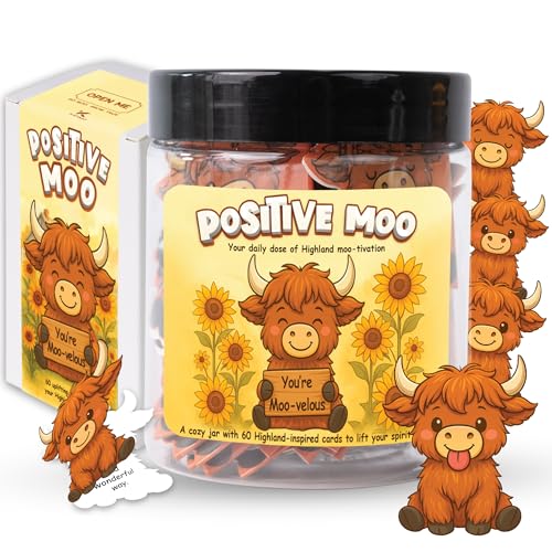 Positive Highland Cow Jar, 60 Affirmation Cards For Women, Girls, Mental Health & Stress Relief Support Gift, Highland Cow Gifts For Women, Coworker, Teen Girl Gift Trendy Stuff, White Elephant Gifts - color: Highland Cow Positive