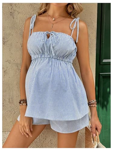 MakeMeChic Women's Maternity 2 Piece Summer Striped Sets - color: Blue, size: X-Small