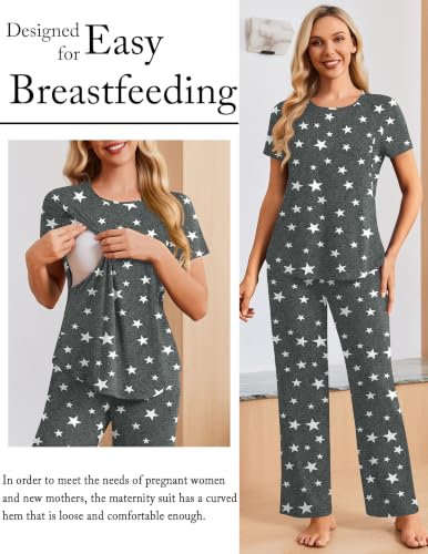 Ekouaer 3 Piece Maternity Nursing Pajamas Set Short Sleeve Breastfeeding Pjs - color: Grey Stars, size: Medium