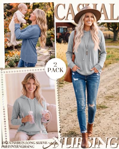 Ficerd 2 Pack Women's Nursing Waffle Hoodies Breastfeeding Tops - color: Light Gray, Haze Blue, size: Medium