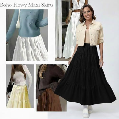 DERAX Womens Maxi Skirt Boho Flowy Ruffle Elastic Waist Long Skirts - color: Black, size: Large