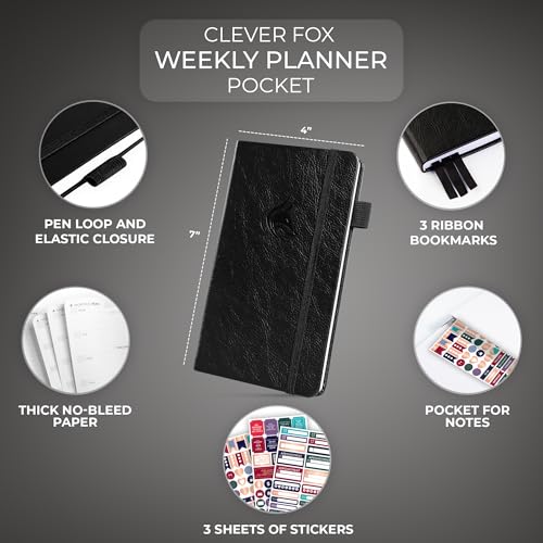 Clever Fox Pocket Planner, Mini Undated Weekly Calendar, Small Black - color: Black, size: Pocket size (3.7" x 6.7")