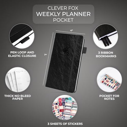 Clever Fox Pocket Planner, Mini Undated Weekly Calendar, Small Black - color: Black, size: Pocket size (3.7" x 6.7")