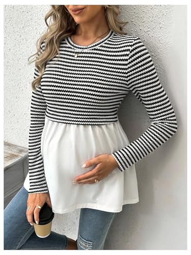 MakeMeChic Women's Fall Maternity Tops Striped Long Sleeve Flared Pregnancy Tee Shirt - size: X-Large