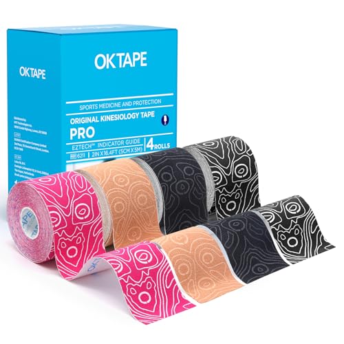 OK TAPE PRO Kinesiology Tape Uncut Roll Bulk, Elastic Physical Therapy Tape - color: Mixed, size: 4 pack