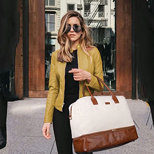 MyMealivos Canvas Weekender Bag Travel Duffel Shoe Compartment Overnight - color: Ivory