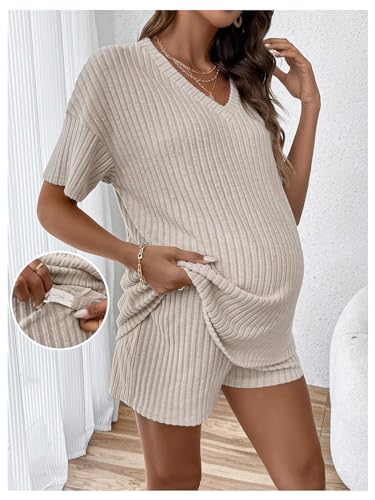 MakeMeChic Women's Maternity 2 Piece Sets Ribbed Shirt and Biker Shorts - color: Apricot, size: Medium