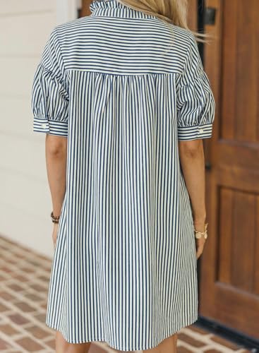 BLENCOT Summer Dresses for Women Puff Sleeve Striped Button Mini Dress - color: Blue Stripe, size: Medium