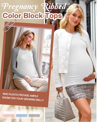 Neer 3 Pack Maternity Long Sleeve Shirts Ribbed Pregnancy Tops - color: Light Heather Gray, Blue, Pink, size: Medium