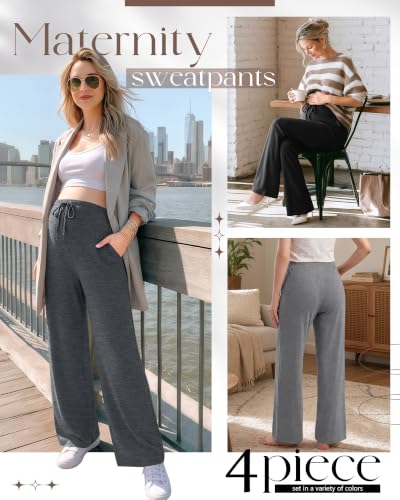 Huukeay 4 Pack Women's Maternity Wide Leg Casual Lounge Pants - color: Dark Mixed Gray, Light Gray, Black, Black, size: Small