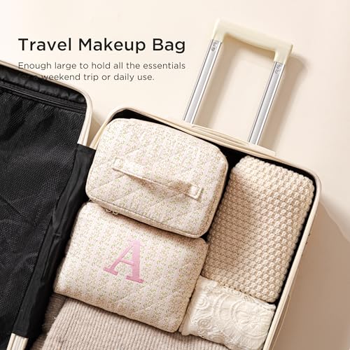 HBselect 2Pcs Initial Makeup Bag Personalized Quilted Cosmetic Bag - color: 2Pcs Pinkflower, style: E