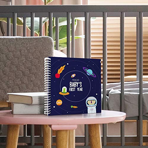 Astronaut Theme First Year Baby Memory Book | 12 Stickers Included | 1st Photo Album with stickers and frames to add your pictures in a gorgeous way | Outer Space Edition | Great Gift for new Moms