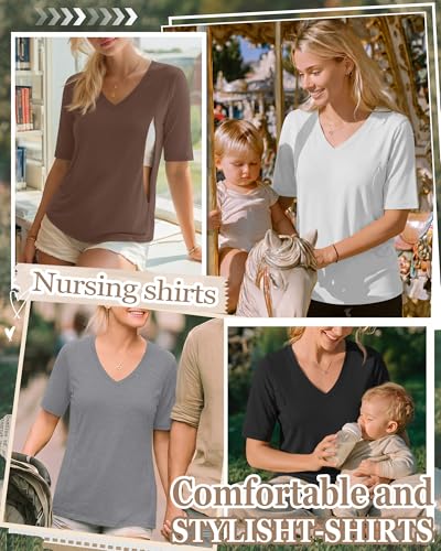 4 Pack Women Nursing Shirts Breastfeeding Tops - color: Brown, White, Gray, Black, size: Medium