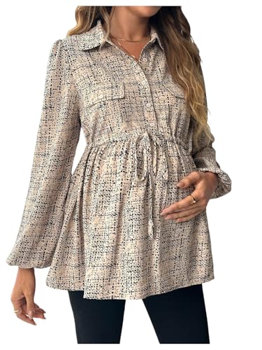 MakeMeChic Women's Maternity Blouse Long Sleeve Belted Button Down Tops - color: Khaki a, size: Small