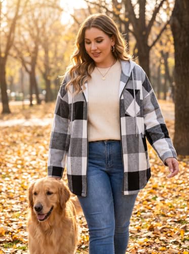 OLRIK Women's Plus Size Hooded Flannel Shacket Zip Up Jacket - color: Beige Black Gray, size: 5X