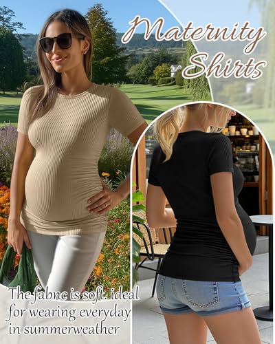 Neer 4 Pack Women's Maternity Cotton Ribbed Shirts - color: Black, Light Gray, White, Khaki, size: Small