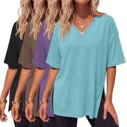 4 Pack Women's Oversized V Neck Shirts - color: Black, Brown, Purple, Blue Green, size: Small