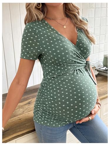 MakeMeChic Women's Maternity Polka Dots Wrap Tops V Neck Short Sleeve Business Casual Wrok Tops - size: Large