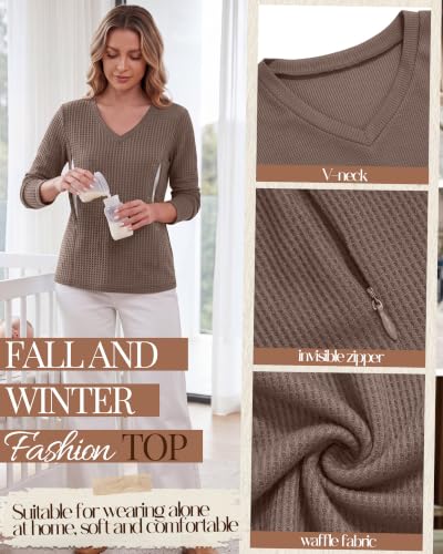 Huukeay 3 Pack Women's Long Sleeve Nursing Breastfeeding Shirts - color: Coffee, White, Army Green, size: Medium