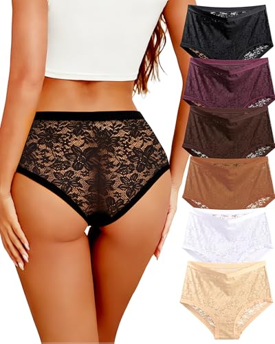 Womens High Waisted Underwear Sexy Lace Cheeky Panties Full Coverage Briefs - color: 6packcs, size: Medium