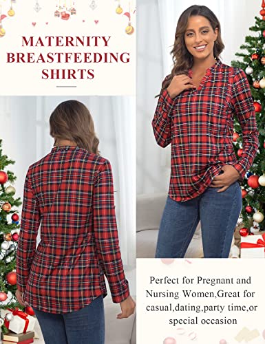 Joymom Maternity Rolled Long Sleeve Nursing Tops Tunic Blouses Breastfeeding - color: 1-3 Red Black Plaid, size: 3X-Large