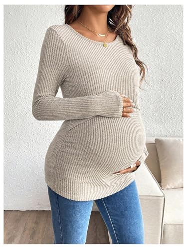 MakeMeChic Women's Maternity Shirts Nursing Top Fall Maternity Clothes - color: Khaki, size: XX-Large