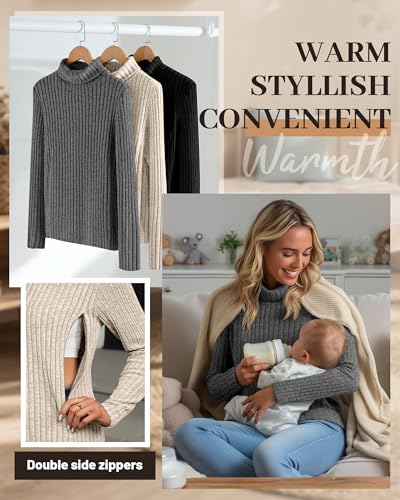 3 Pack Womens Turtleneck Nursing Tops Ribbed Sweaters - color: Dark Gray, Apricot, Black, size: Large