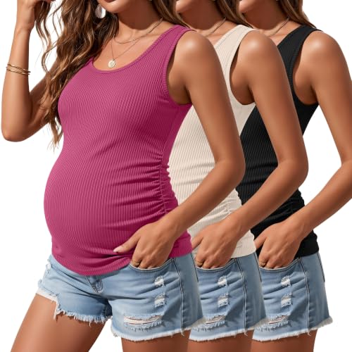 Riyiper 3 Pack Women's Maternity Tank Tops - color: Black, Rose Red, Apricot, size: Medium