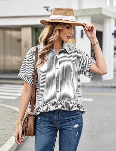 Flygo Womens Cropped Striped Button Down Shirts Ruffle Peplum Tops - color: Black, size: Large