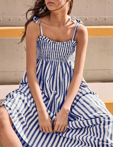 Lentta Women's Striped Smocked Maxi Dress Causal Spaghetti Strap Stretchy Flowy Swing Long Dress with Pockets - color: Kleinblue, size: Medium