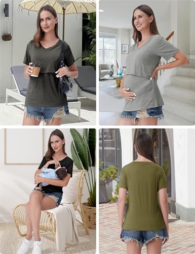 Rnxrbb 4 Pack Nursing Tops for Women Postpartum Breastfeeding Shirts - color: Black&flecking Grey&light Gray&army Green, size: X-Large