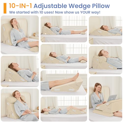 Sasttie Adjustable Wedge Pillow Set for After Surgery, Beige - color: Beige, size: Adjustable 9&12 Inch + 2 Head Pillows