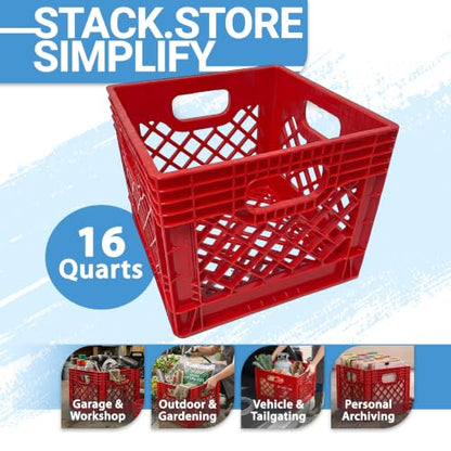 Milk Crate, Stackable Plastic Storage with Handles, 16 Qt, Red, 2 Pack - color: Red, size: 2-Pack
