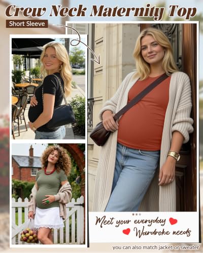 Huukeay 4 Pack Women's Short Sleeve Maternity Tops - color: Army Green, Cream, Pumpkin, Black, size: Medium