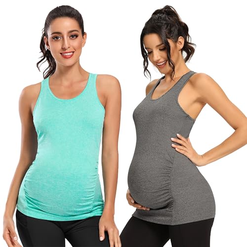 Ecavus 3PCS Women's Maternity Tank Tops Racerback Workout Maternity Clothes - color: 01-black/Grey/Green, size: Medium