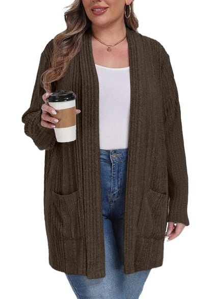 OLRIK Womens Plus Size Cardigan Loose Outwear with Pockets - color: C-brown, size: 1X