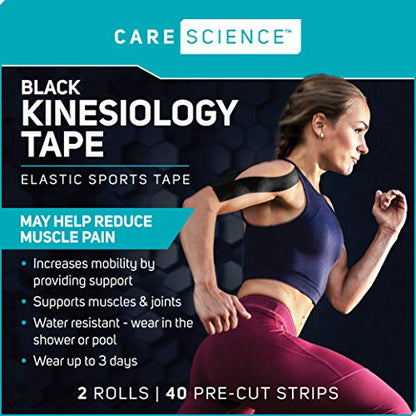 Care Science Waterproof Black Kinesiology Tape, 40 Precut Strips, 2 Rolls - color: Black Precut